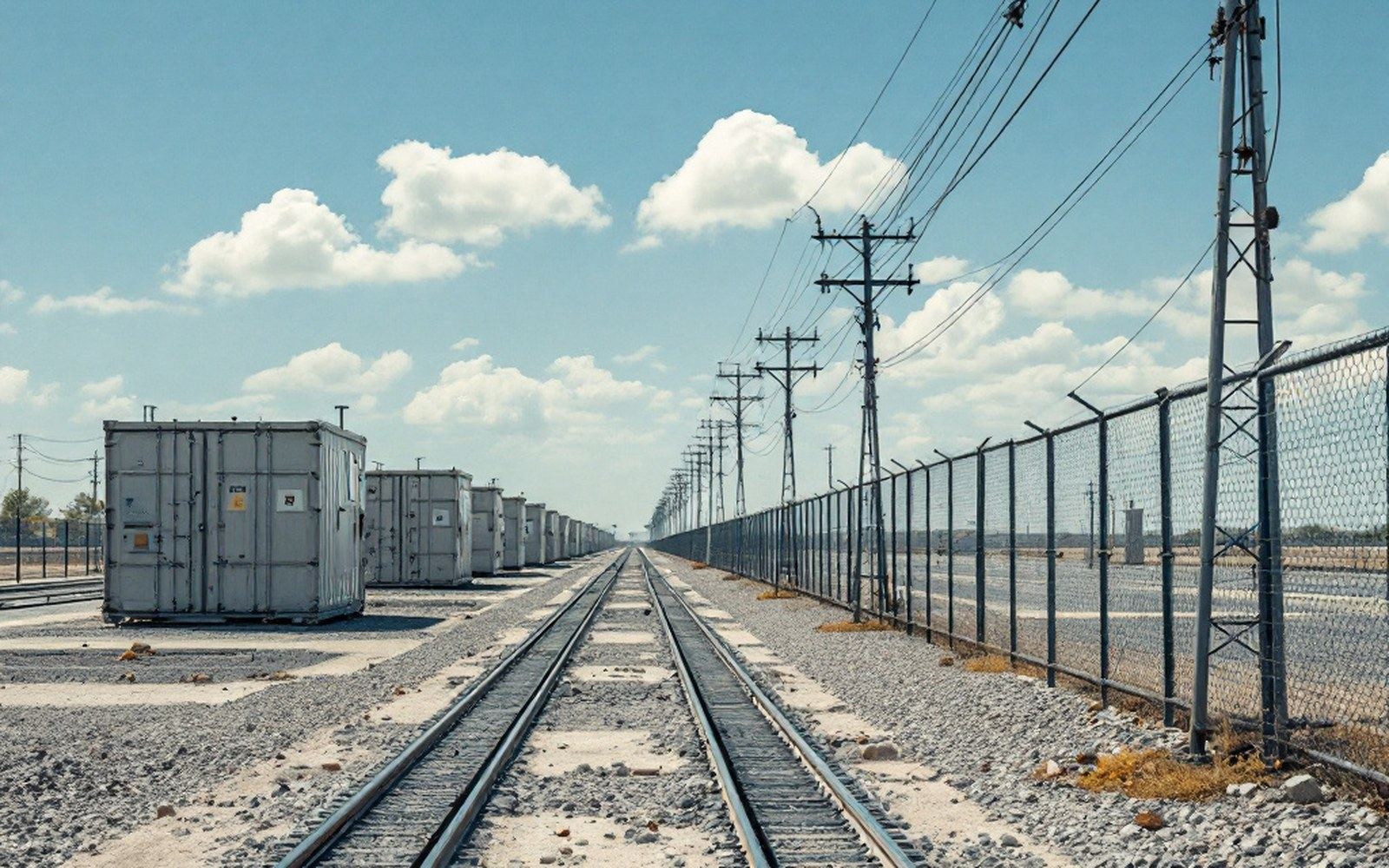 A row of grid battery containers behind a wire fence under a flat sky, cable trays running between them