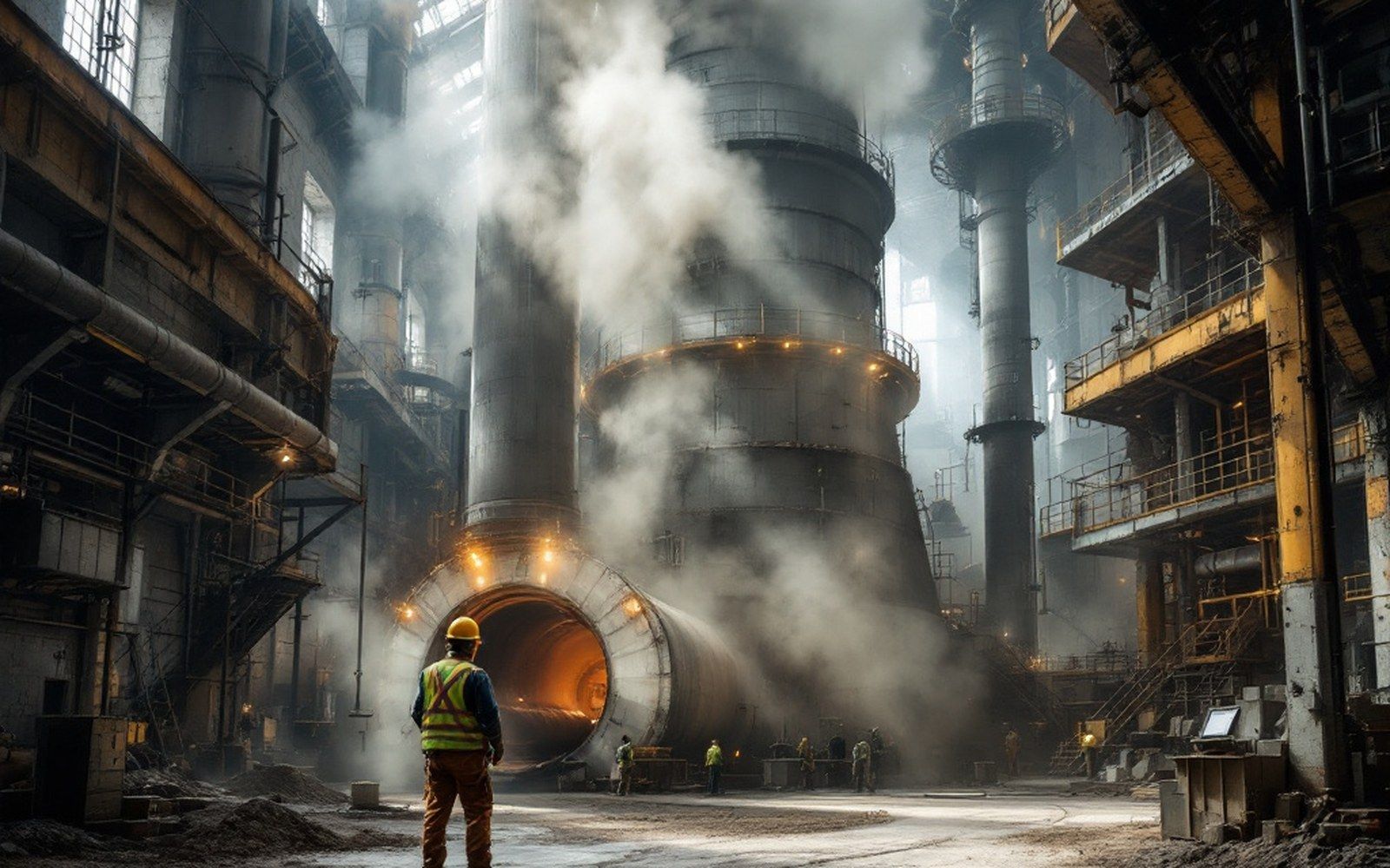 The interior of a cement works with a long rotating kiln and dust in the air, adult worker at the base for scale