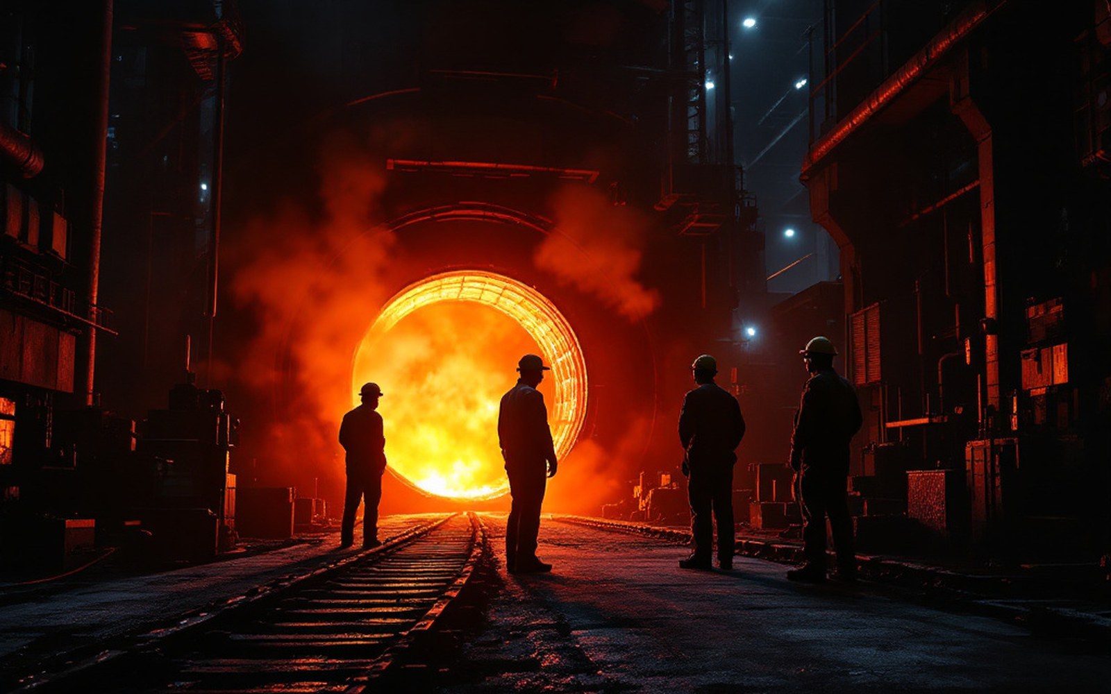 A steelworks interior at night with orange glow from an open furnace door, silhouetted adult workers