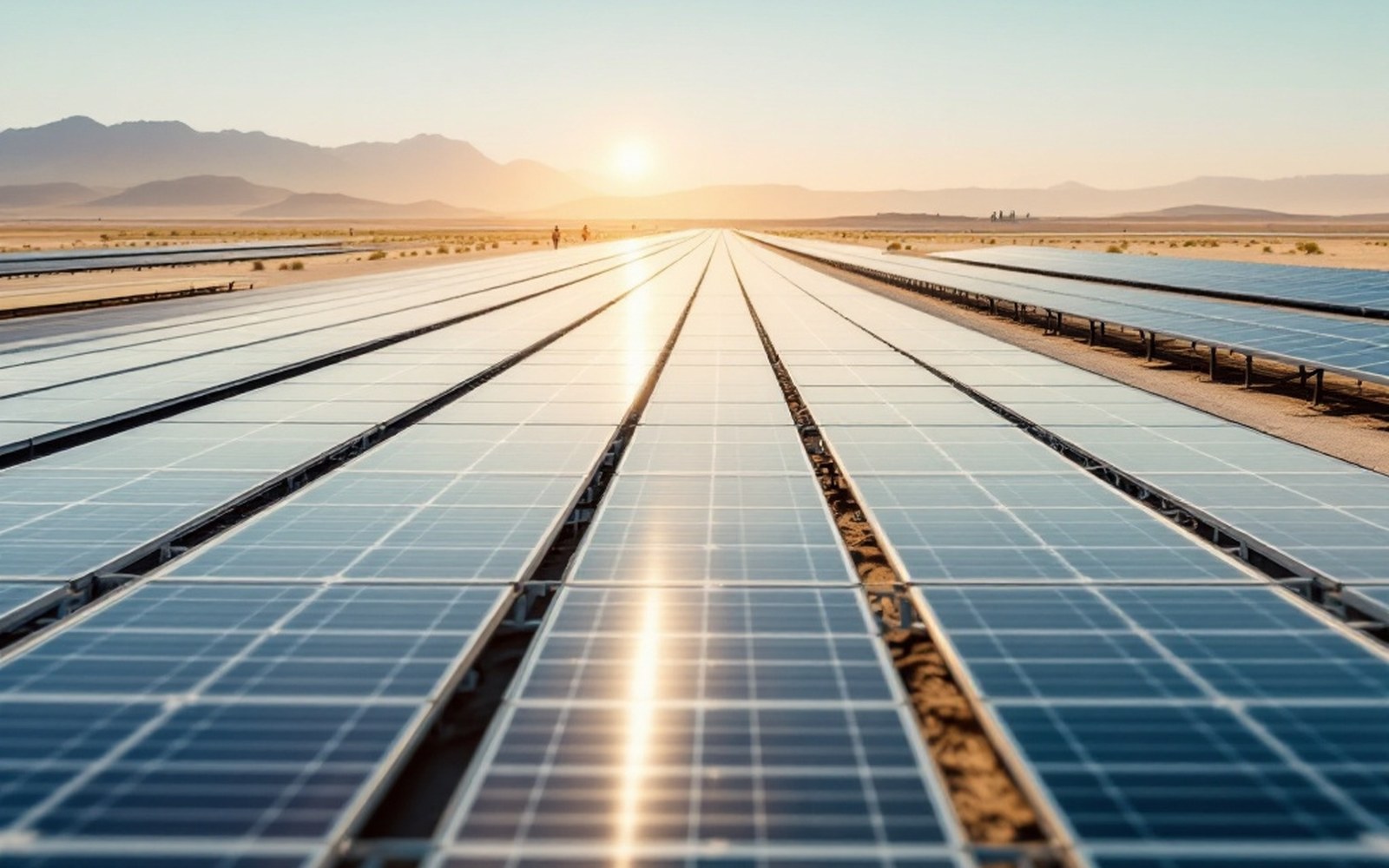 A vast photovoltaic field covering flat desert to the horizon, rows running away in parallel, hard midday light and heat haze