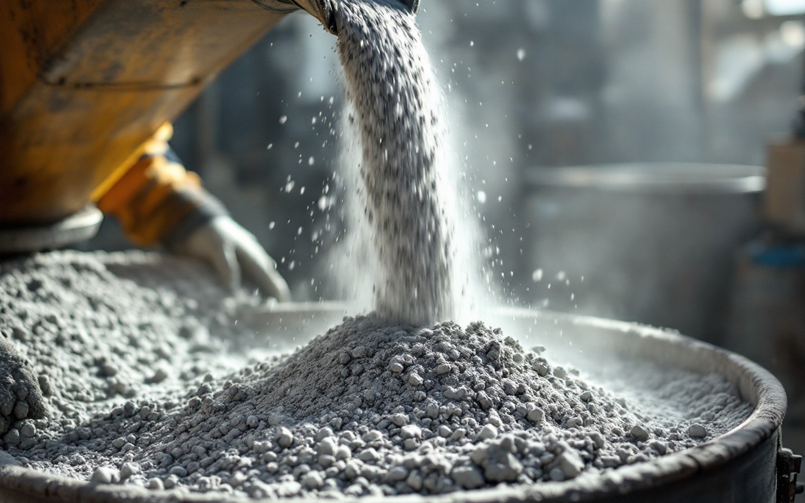 Grey cement powder flowing from a chute into a hopper, close, industrial light