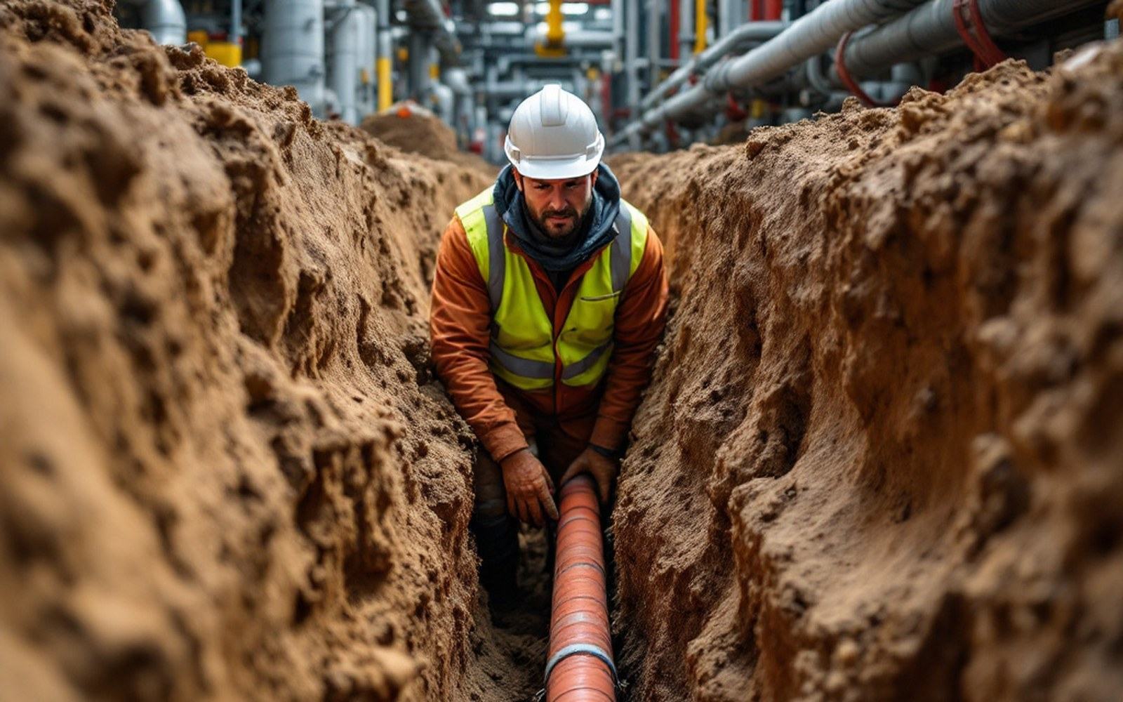 A trench with large insulated district heating pipes exposed, adult worker at the edge
