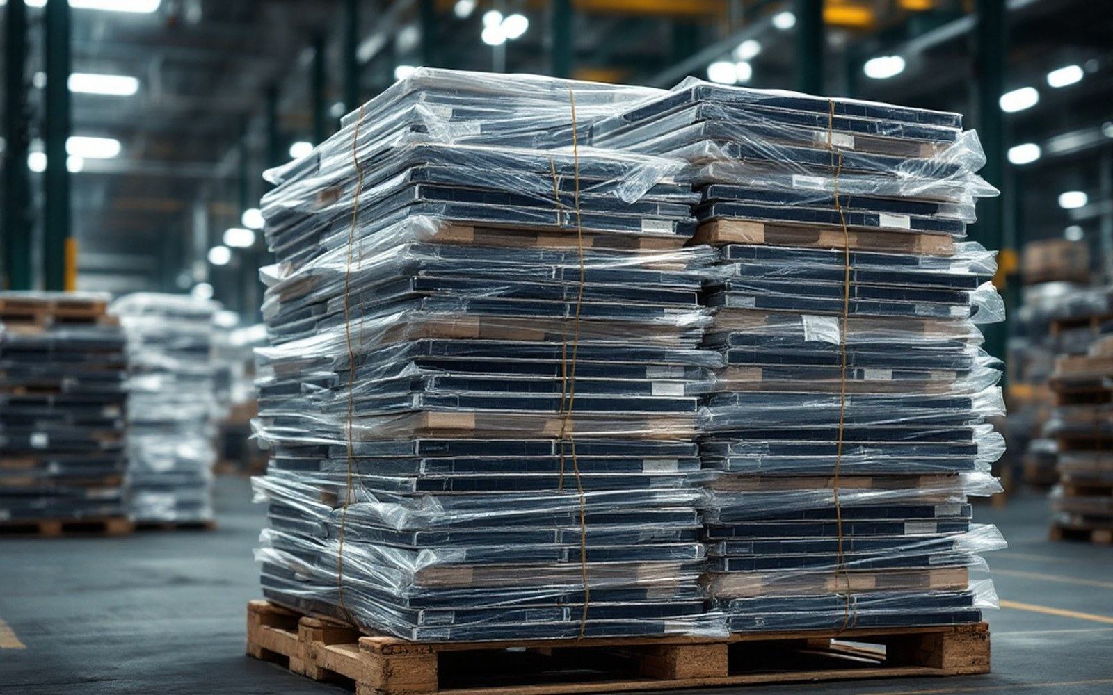 A stack of photovoltaic modules on a factory pallet wrapped for shipping, warehouse light