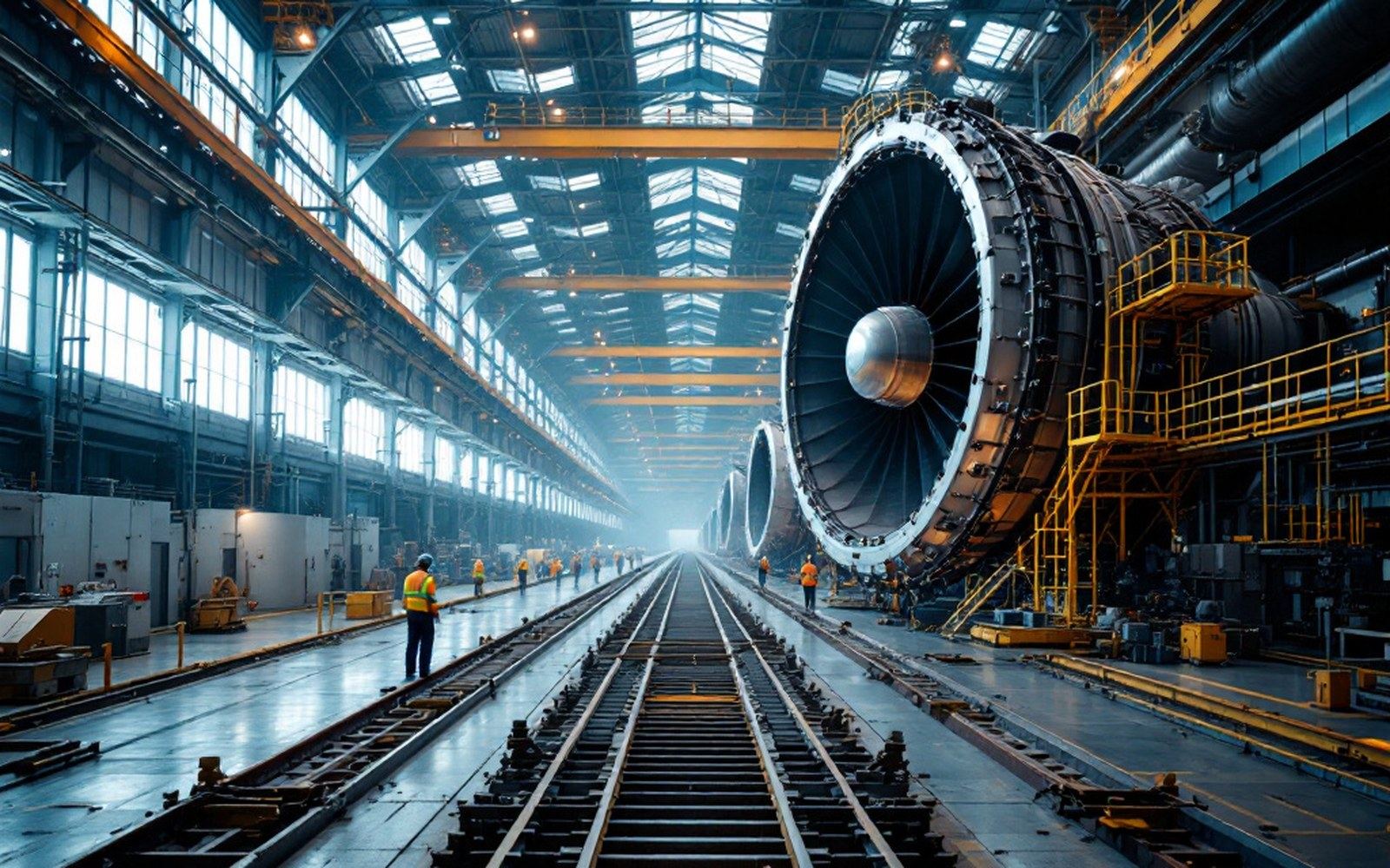 A large turbine hall with a generator casing running away down the room