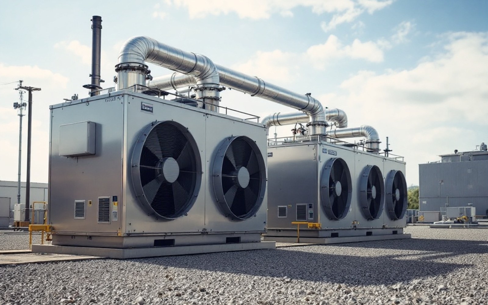 A modular air capture unit of fans and ducting on a gravel pad, flat light