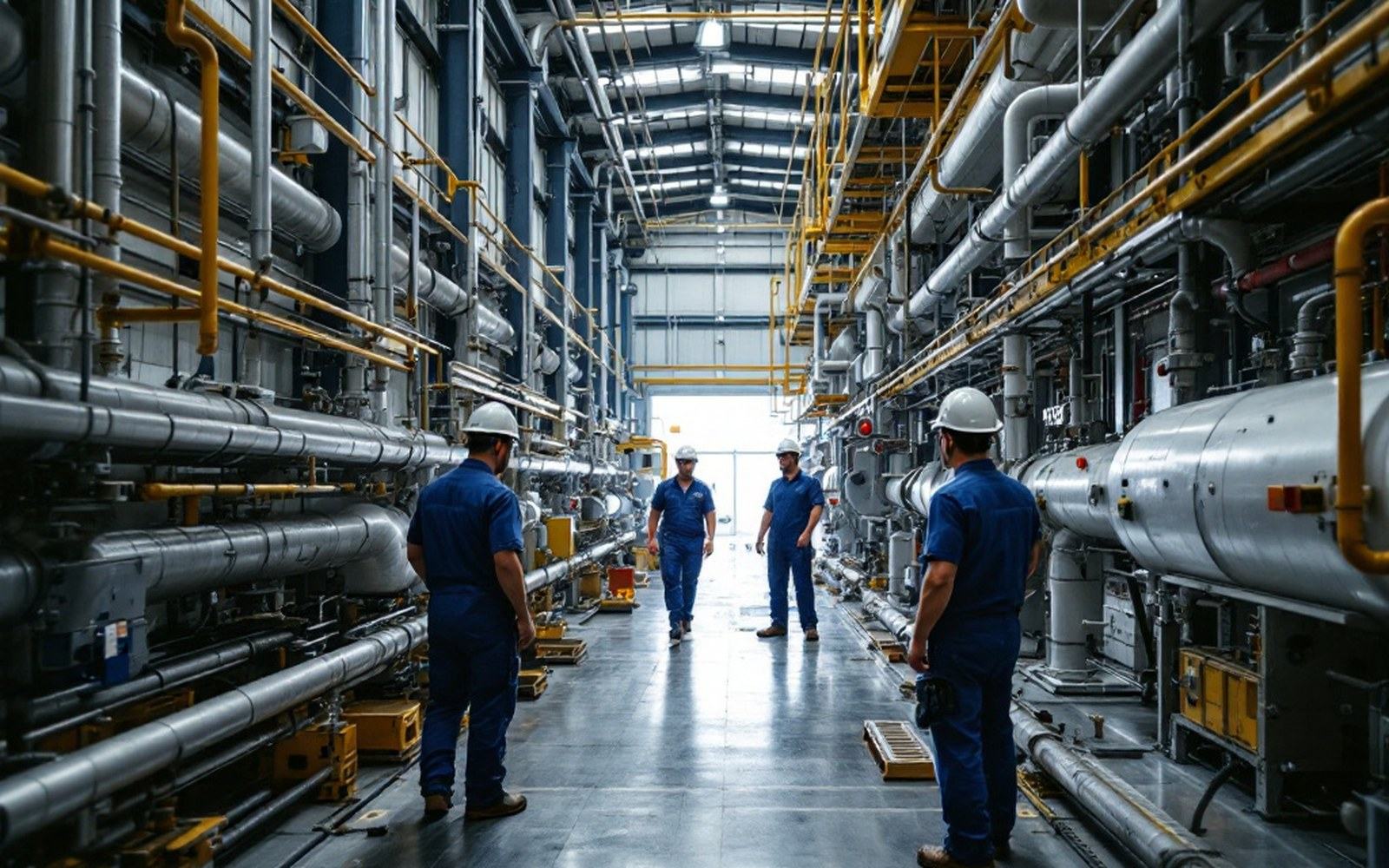 A small industrial pilot plant of pipework and skids inside a hangar