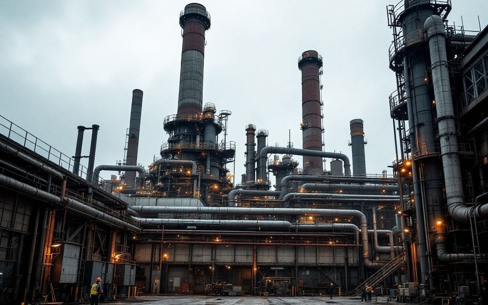 A steel plant exterior with a tall shaft furnace and pipework, overcast