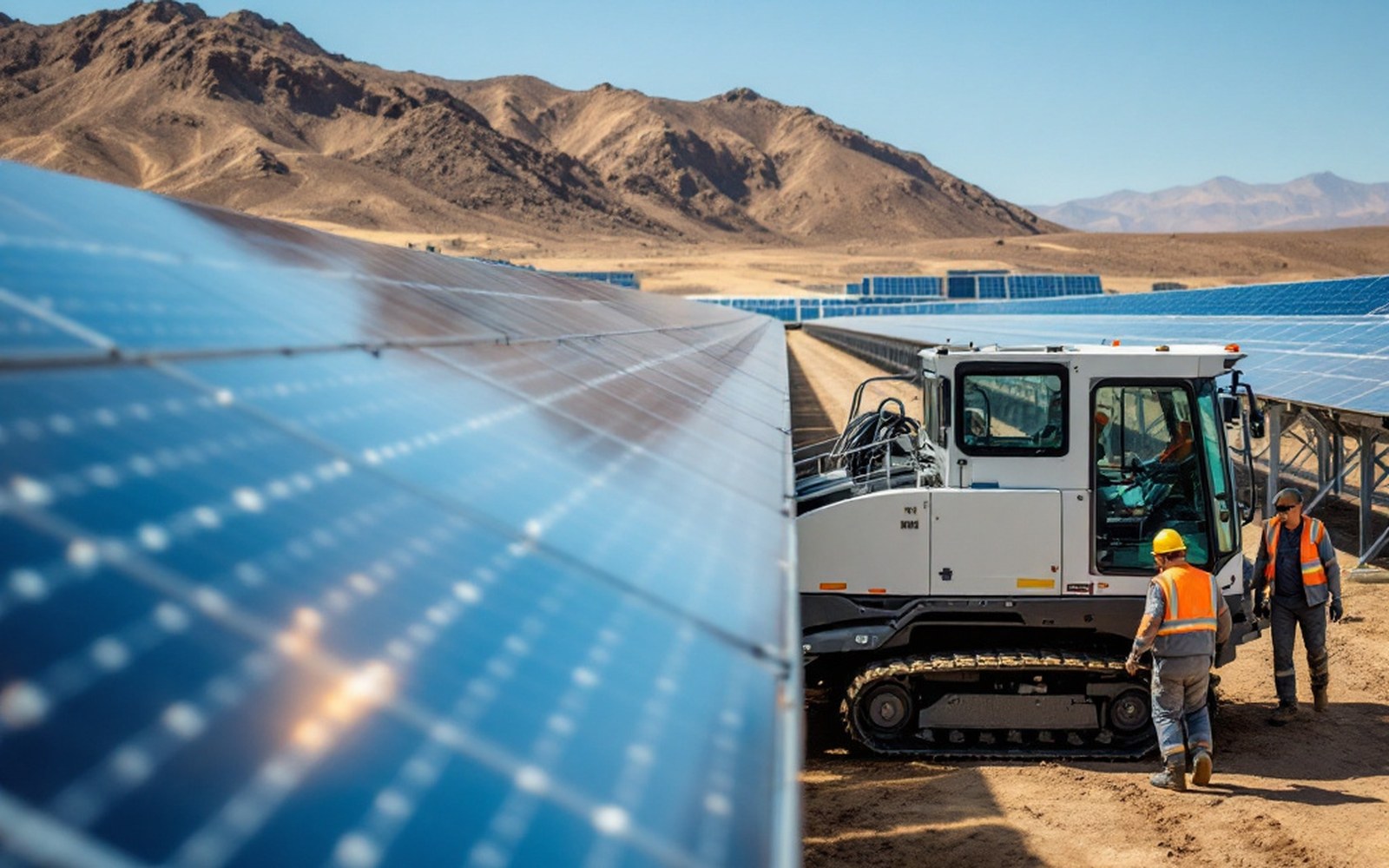 A tracked cleaning machine moving along a row of solar modules in dry country, adult operator walking beside it