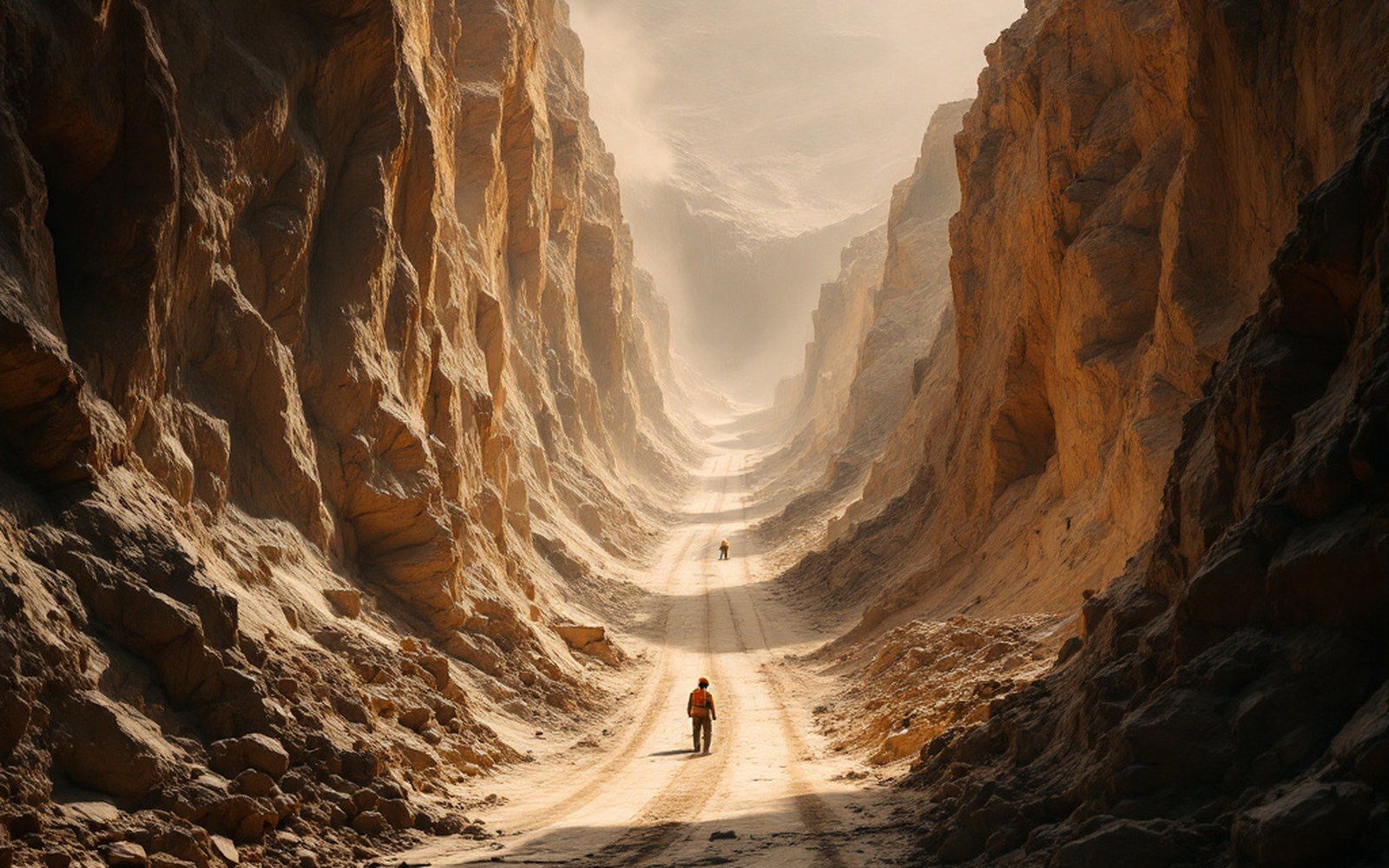 A cement works quarry face with a haul road cut into it, dust and hard light