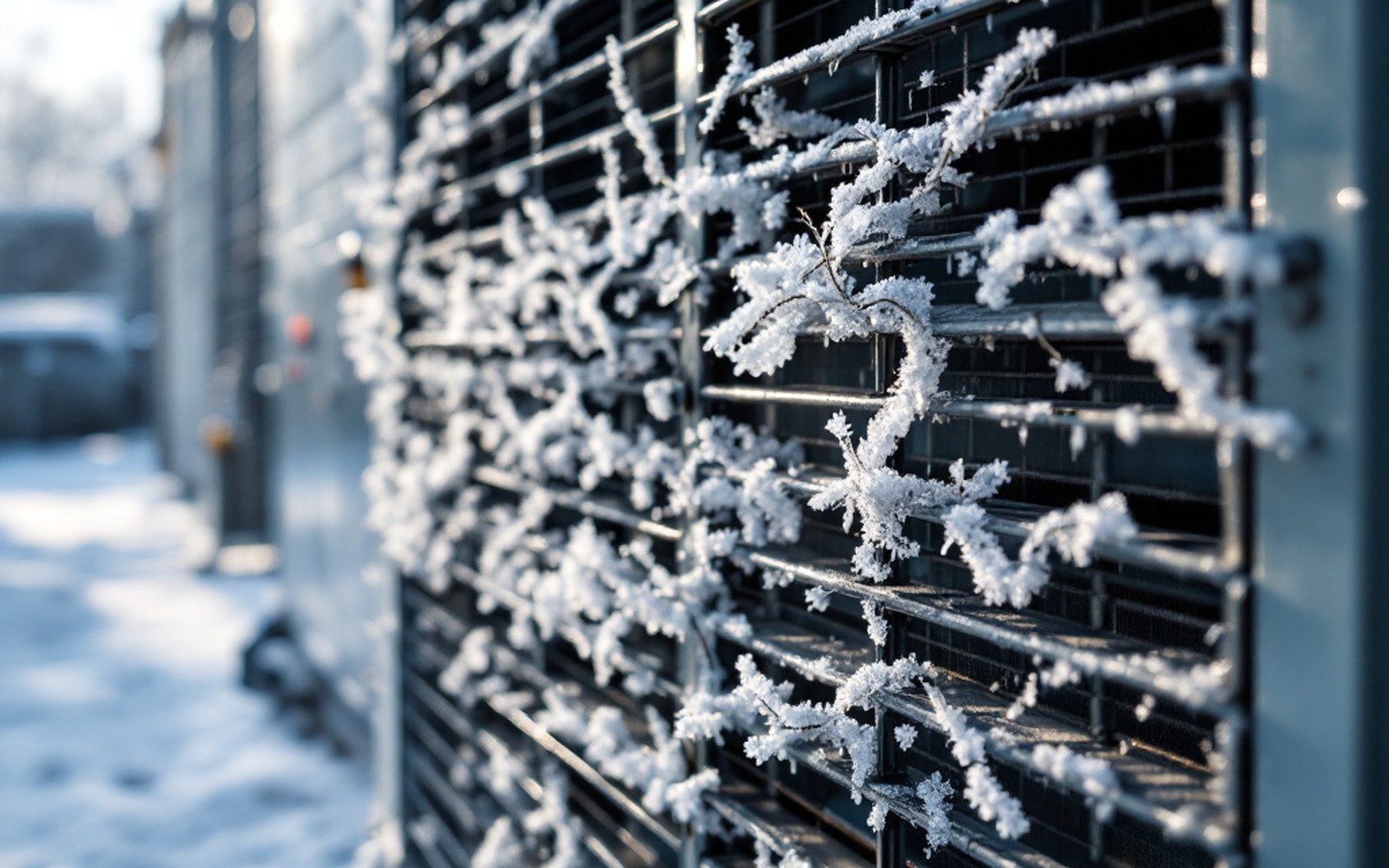 An outdoor heat pump unit with frost on its fins in winter light
