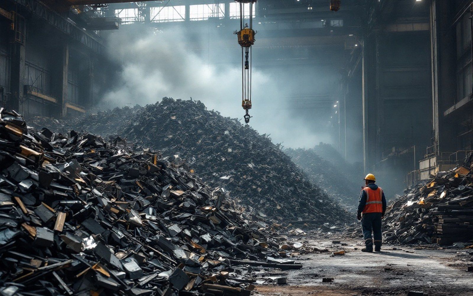 Scrap steel piled in a yard with a magnet crane above it