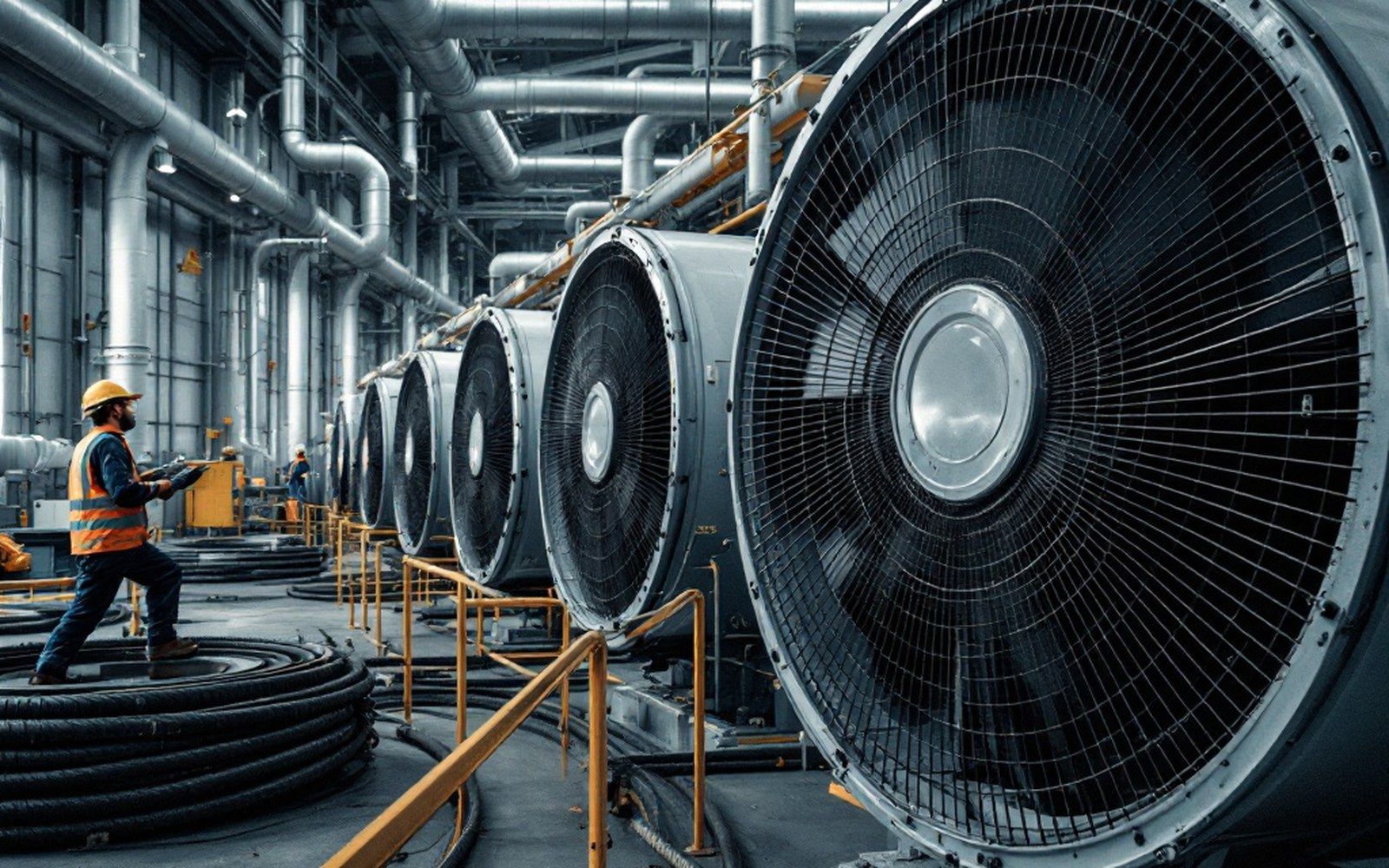 An industrial fan bank seen head-on with ducting behind, plant interior