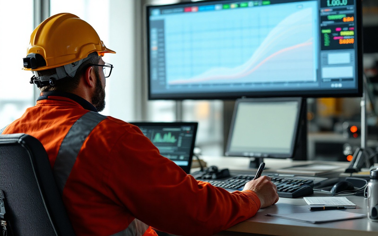 A control room screen showing a daily load curve, adult operator seated at the desk