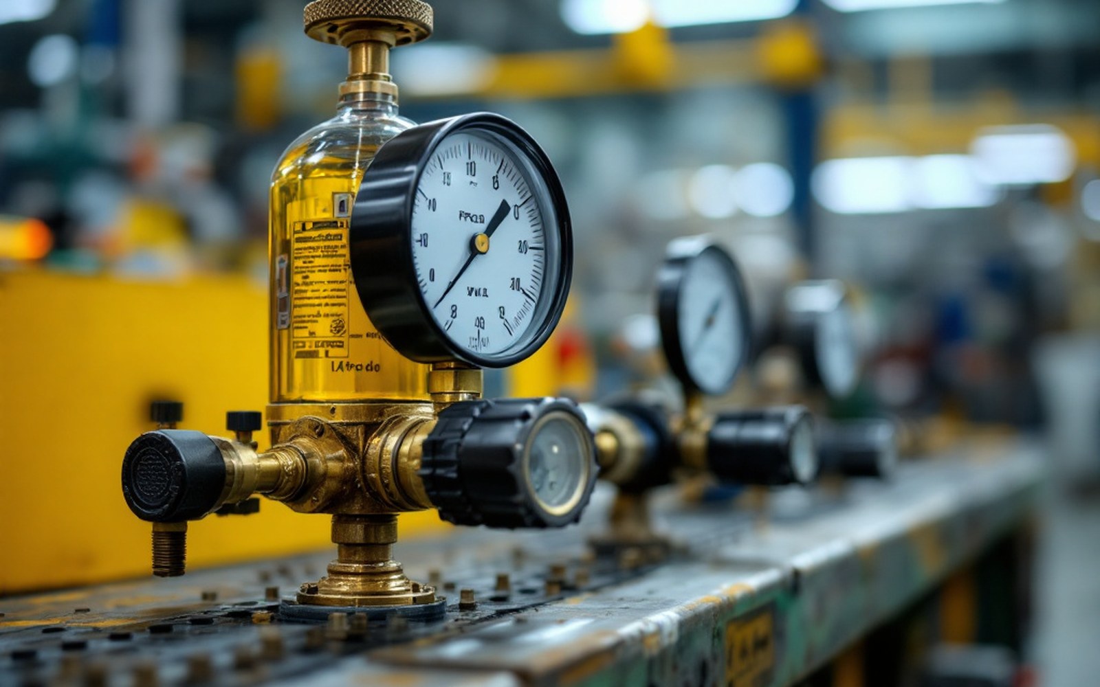 A refrigerant cylinder and gauge manifold on a workshop bench, close