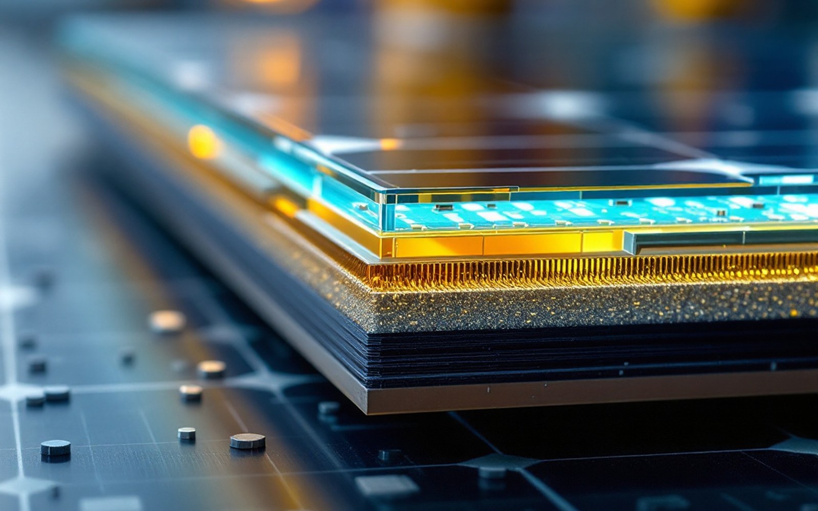 A cutaway of a solar module edge showing the glass, cell and backsheet layers, close, even light