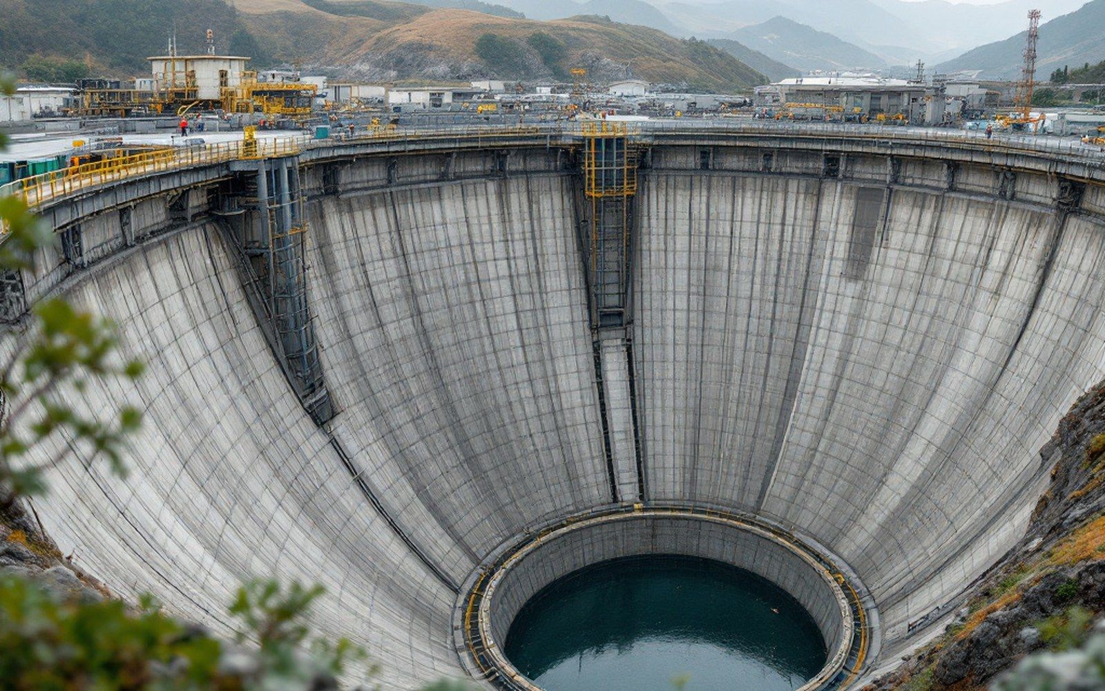 A hillside pumped storage reservoir with its concrete inlet structure, overcast