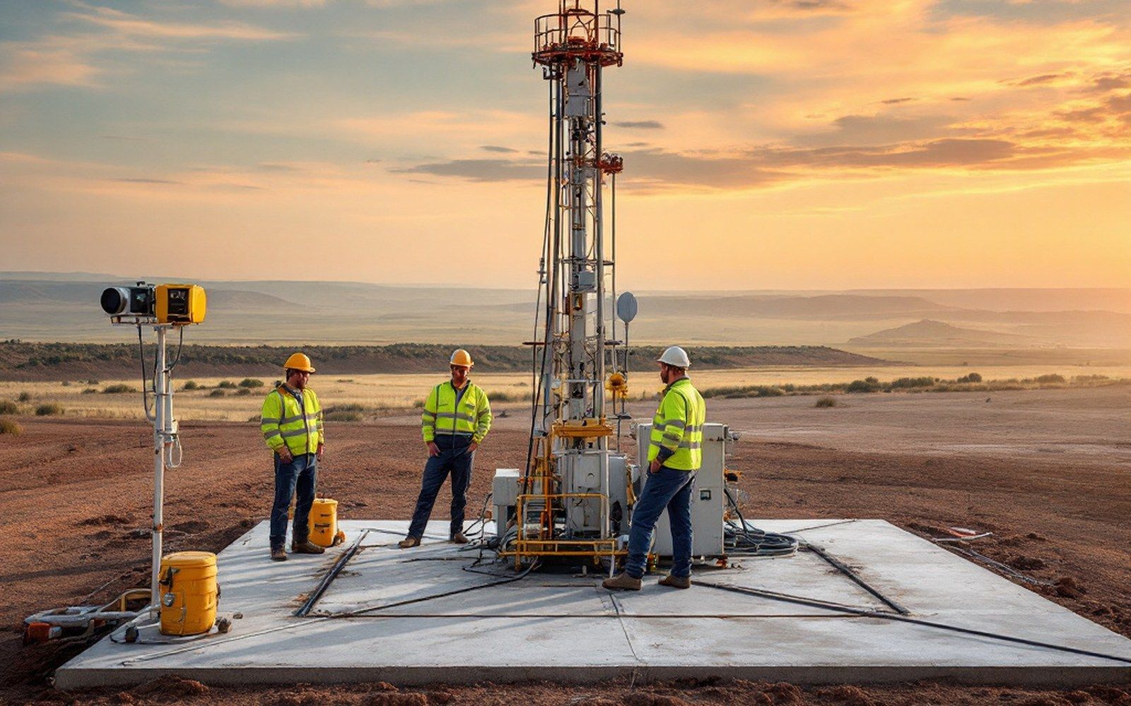 A wellhead on a concrete pad in open country with monitoring equipment beside it