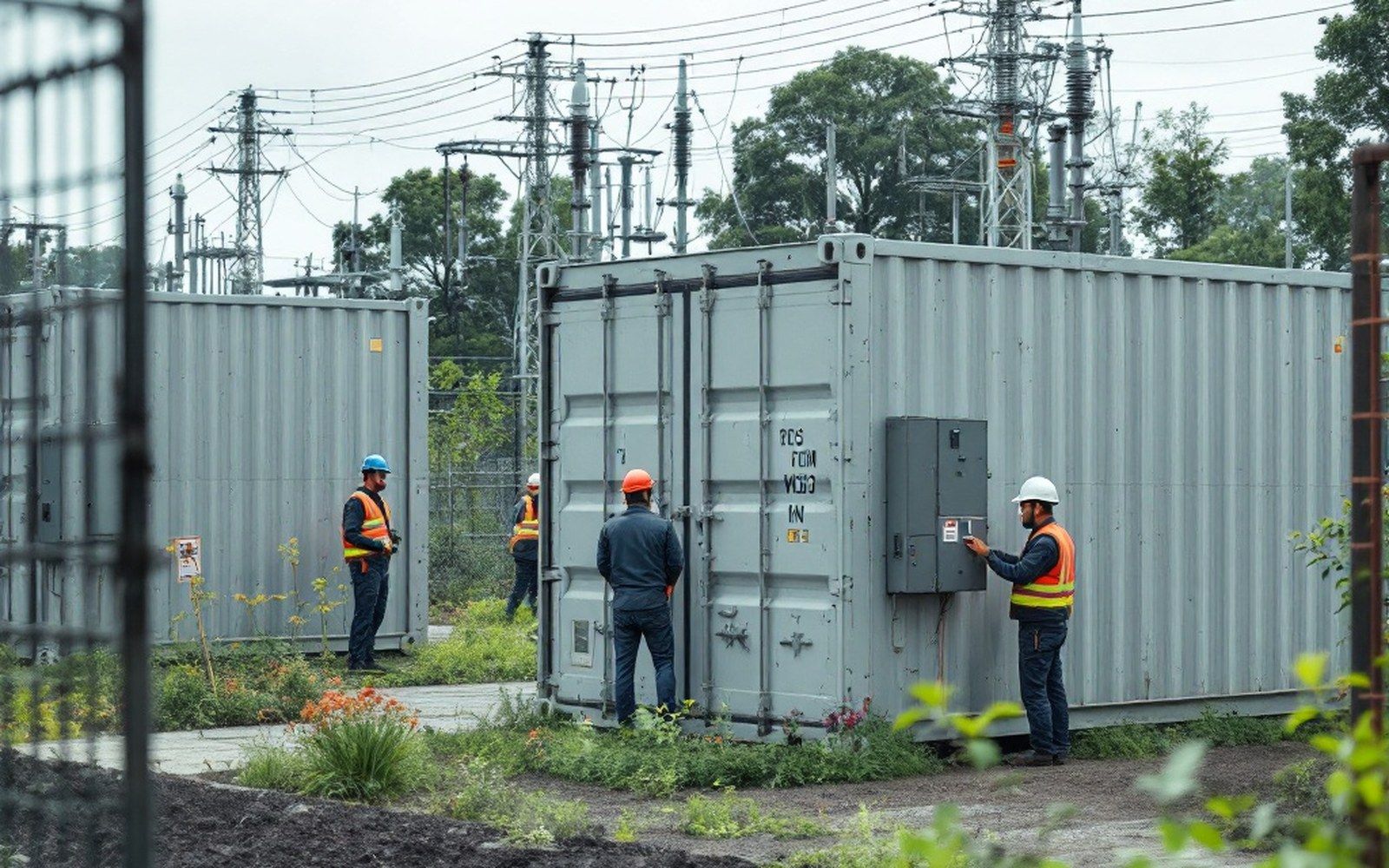 A fenced compound of identical grey containers with a substation behind, flat light
