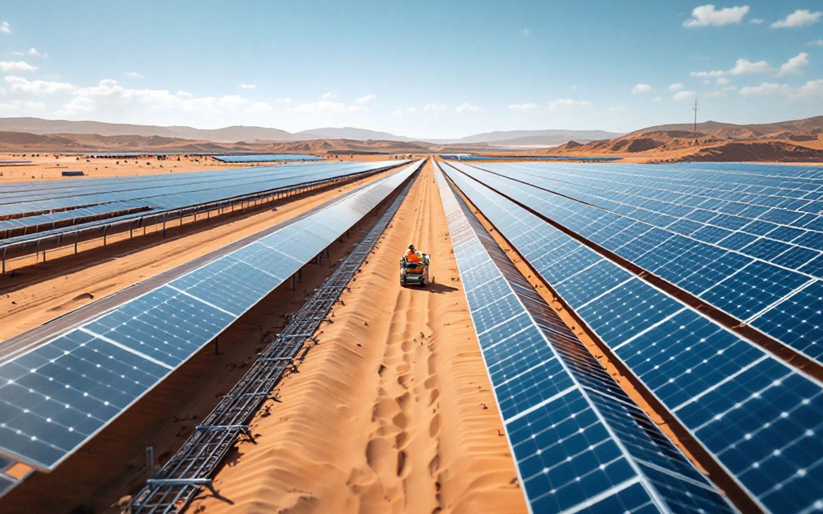 A photovoltaic array running to the horizon across flat dry ground with a single maintenance vehicle for scale, hard midday light